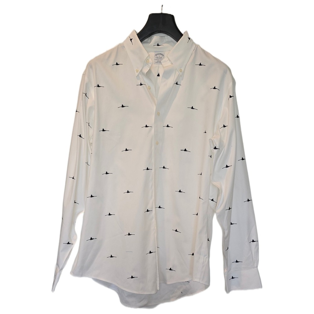 Brooks Brothers Mens Slim Fit Non Iron Cotton Rower Embroidered Shirt White L
